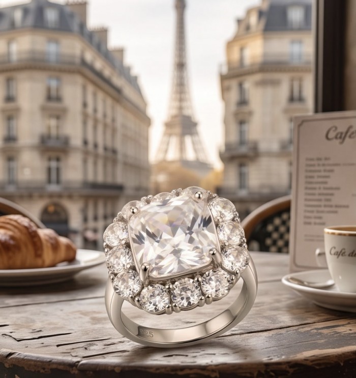 Real Beauty - asscher cut 8.5 carat White Topaz .925 Sterling Silver Handcrafted Statement Ring size 7 1/4 - Asscher cut white topaz ring on table with Eiffel Tower in background