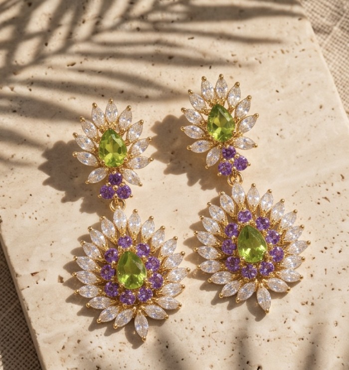 Paloma Authentic 27.2 carat Peridot from Arizona 18k GOLD OVER .925 Sterling Silver handmade Statement earrings - Elegant earrings with peridot and amethyst stones, top-down view.