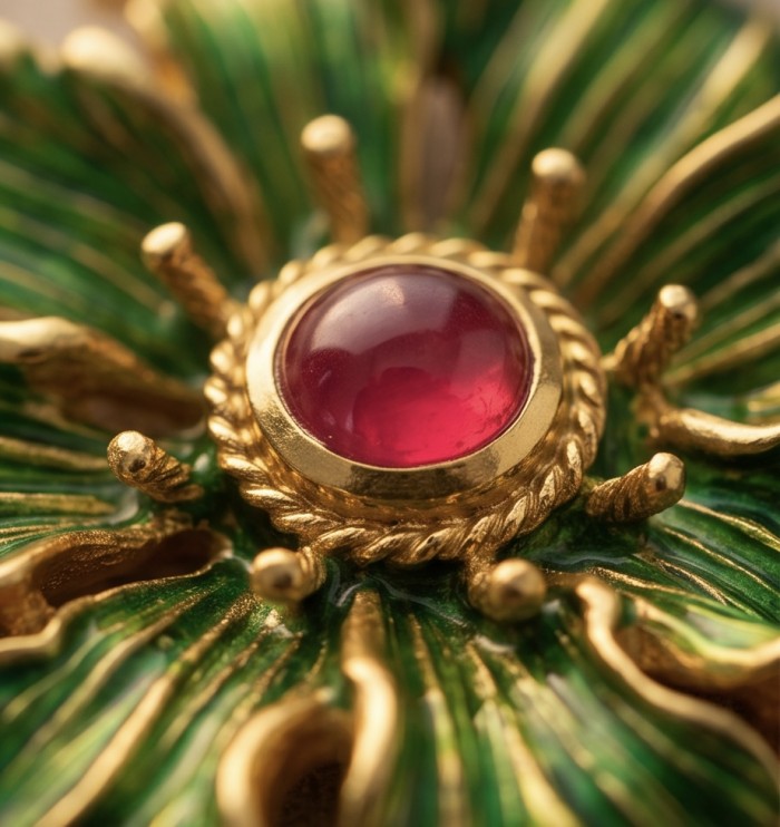 Blooming Garden Genuine 3.7 carat Kashmir Ruby Green Enamel .925 Sterling Silver dipped in 22K Gold Statement Pendant - Close-up of Blooming Garden's Kashmir Ruby with green enamel detailing.