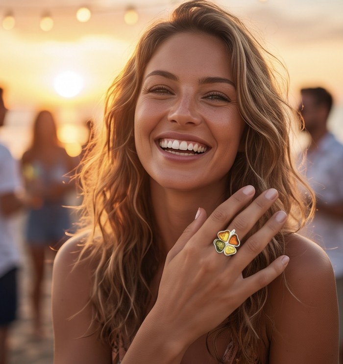 Flower Authentic Baltic Amber .925 Sterling Silver dipped in rhodium handcrafted ring; s. 7 adjustable - Amber flower ring on hand, sunset background, person smiling.