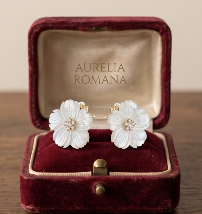 Genuine Blister Pearl 0.9 carat White Sapphire .925 Sterling Silver handcrafted Statement large Earrings - Front view of floral pearl earrings in a velvet box with "Aurelia Romana