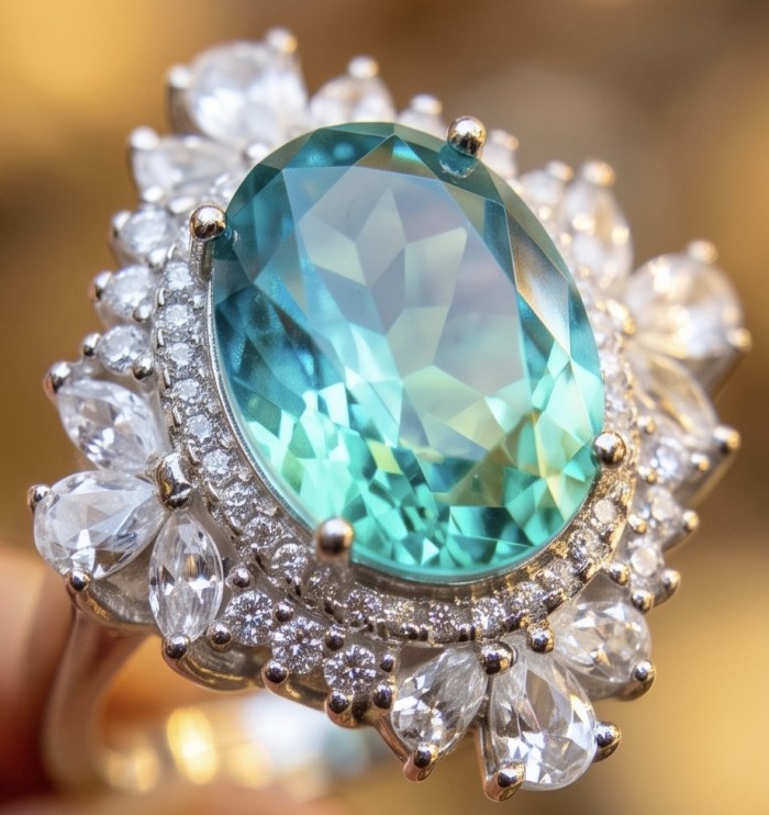 OUTSTANDING 10.5 carat Brazilian Apatite .925 Sterling Silver Perfectly handcrafted Ring s. 8 1/4 - Close-up of 10.5 ct Brazilian Apatite ring with surrounding stones.