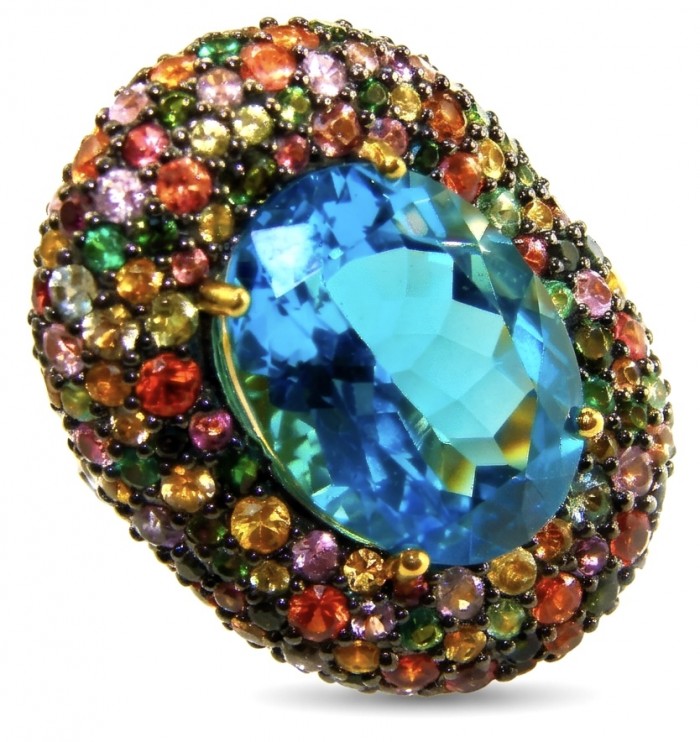 Poseidon 33.8 carat Swiss Blue Topaz Sapphire 18k Gold over .925 Sterling Silver handcrafted Large ring size 7 - Close-up of Poseidon Swiss Blue Topaz ring with colorful gem setting.