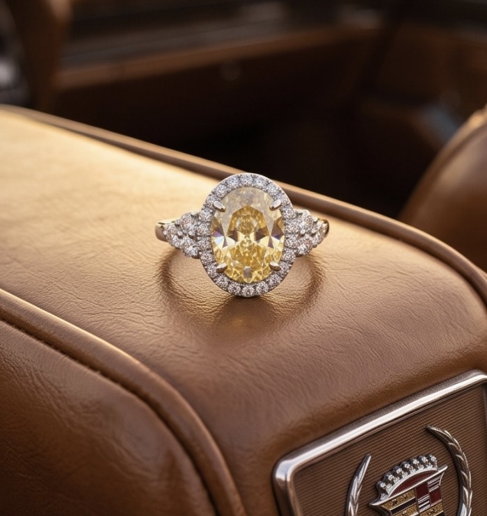Solid 8.8 carat Genuine Yellow Sapphire .925 Sterling Silver handcrafted ring size 6 - Yellow sapphire ring close-up on a leather surface.
