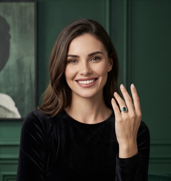 Estelle - Authentic 12.9 carat COLOMBIAN EMERALD .925 Sterling Silver dipped in rhodium handcrafted Ring size 8 - Woman wearing Estelle emerald ring on hand, front view