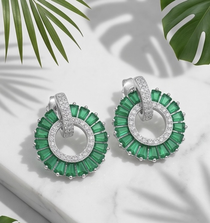 Art deco Spectaculat 2.5 carat Tsavorite Garnet rhodium over .925 Sterling Silver handcrafted earrings - Front view of art deco Tsavorite Garnet earrings on marble surface.