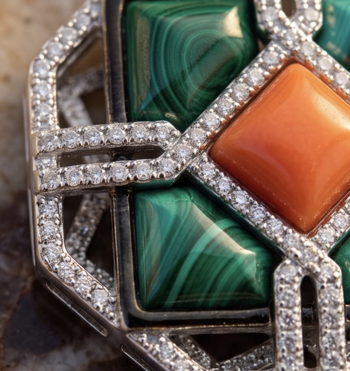 Art Deco Genuine Orange Fossilized Coral Malachite rhodium over .925 Sterling Silver handmade earrings - Stone close-up of Art Deco coral and malachite with diamond accents