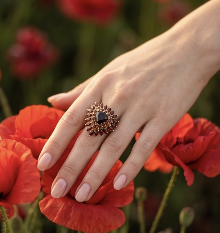 Giovanna trillion cut 22.5 carat Garnet from Sri Lanka (Ceylon) 22K Gold over .925 Sterling Silver handcrafted Statement ring size 6 - Trillion cut garnet ring from Sri Lanka worn on hand amidst poppies.