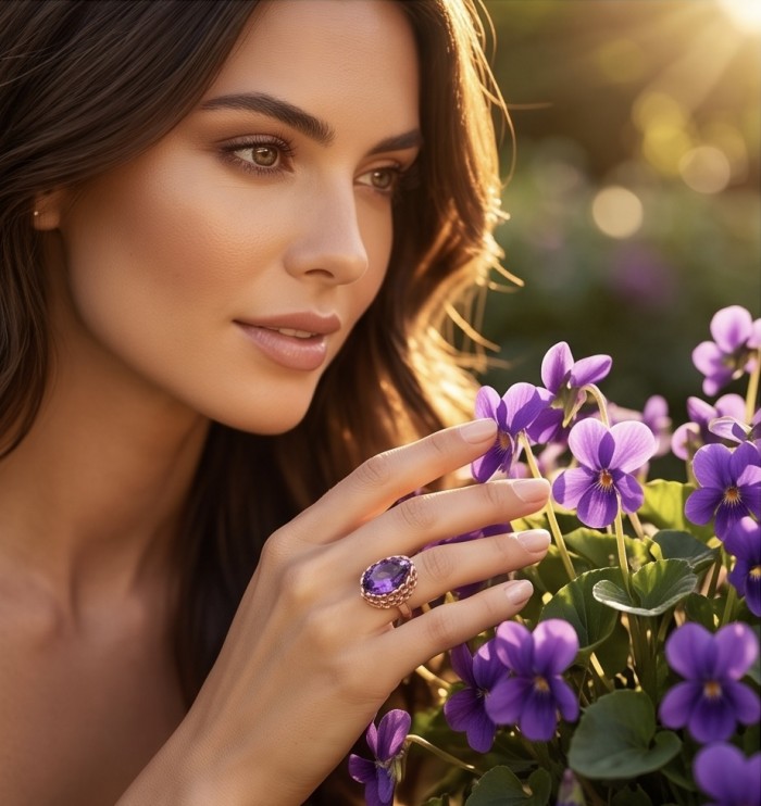 Peace 9.5 carat natural Amethyst 18K Rose Gold over .925 Sterling Silver Handcrafted Ring size 6 - Amethyst ring in sunlight, worn on hand near purple flowers.