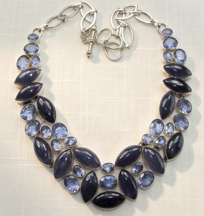 Luna 88.5 carat authentic Kyanite .925 Sterling Silver handcrafted MASSIVE STATEMENT Necklace - Necklace close-up of Luna Kyanite with sterling silver chain and clasp.