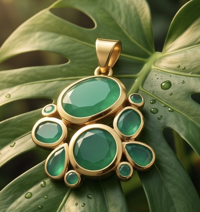 Green Royalty - 25.8 carat Colombian Emerald .925 Sterling Silver dipped in 22K Gold handmade Statement pendant - Gold pendant with green emeralds on a leaf, close-up view.