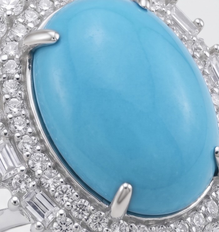 Authentic Sleeping Beauty Turquoise RHODIUM over .925 Sterling Silver handcrafted Statement Ring size 6 - Close-up of Sleeping Beauty Turquoise in rhodium-plated silver setting