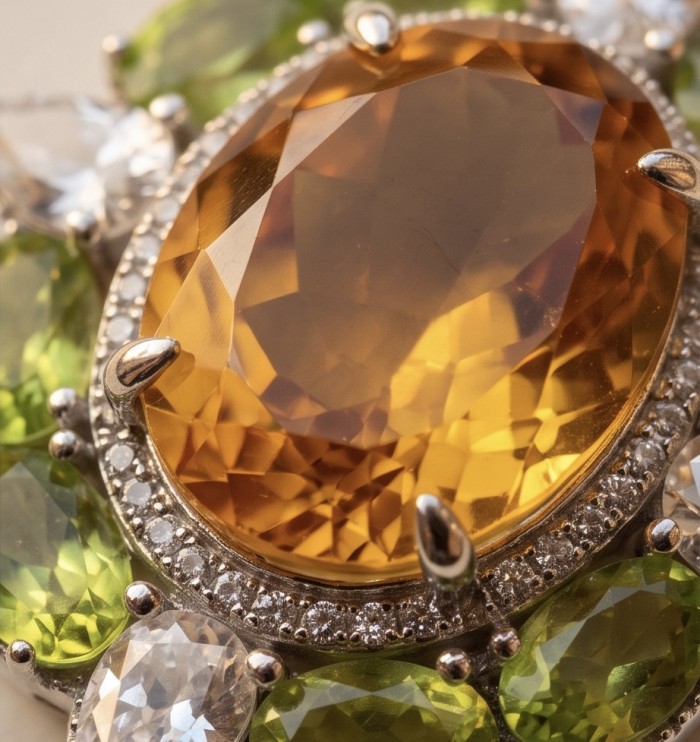 Giovanna 22.2 carat authentic Brazilian Citrine rhodium over .925 Sterling Silver handmade Pendant - Close-up of Giovanna Brazilian Citrine stone with surrounding gems