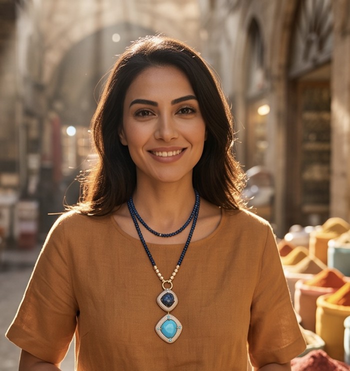 DESTINY Authentic TURQUOISE SODALITE .925 Sterling Silver dipped in 14K Gold handcrafted necklace - Woman wearing DESTINY turquoise Sodalite necklace in sunlit market