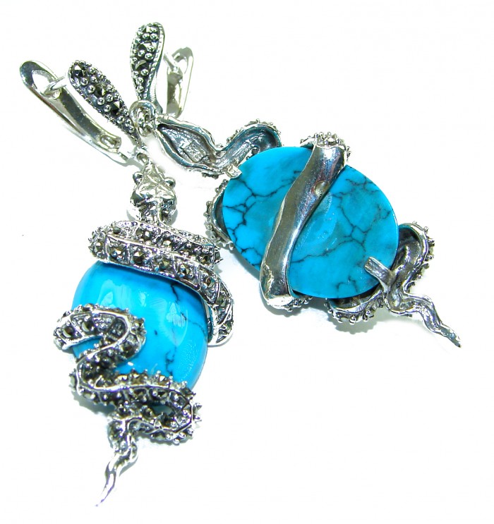 Great authentic Marcasite Turquoise .925 Sterling Silver handcrafted Earrings - photo 1