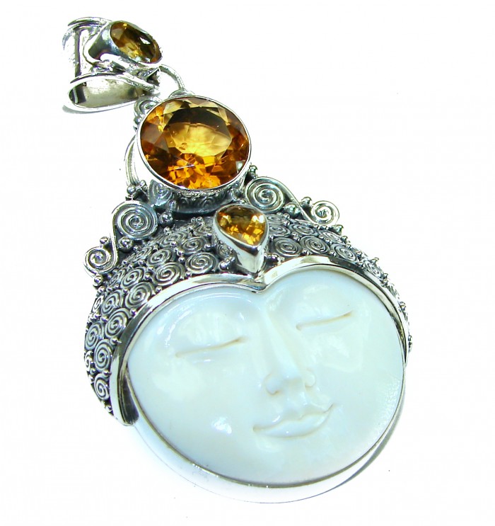7Moonface - Authentic Carved Ox Bone 6.8 carat Citrine .925 Sterling Silver Pendant - photo 2