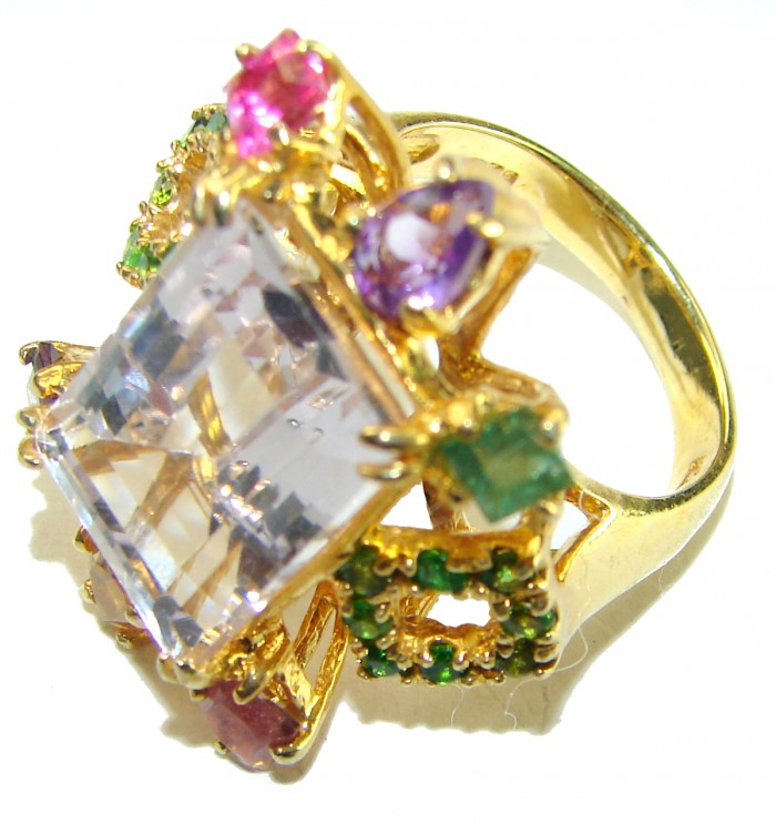Blooming Orchid 17.5 carat Pink Amethyst 14K Gold over .925 Silver handcrafted Cocktail Ring s. 9 - Gold ring with colorful gemstones, close-up view.