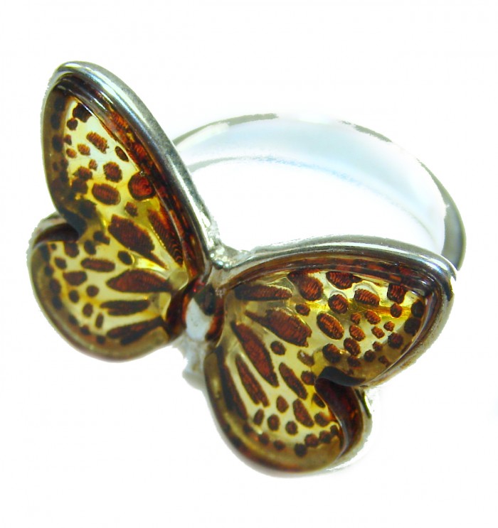 Butterfly Authentic Baltic Amber .925 Sterling Silver handcrafted ring; s. 6 adjustable - Butterfly Baltic amber ring in sterling silver, top view.