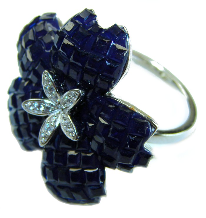 Precious Sapphire - authentic 20.2 carat Sapphire .925 Sterling Silver Eternity Ring size 6 1/4 - Sapphire flower ring close-up with diamond accents on petals.