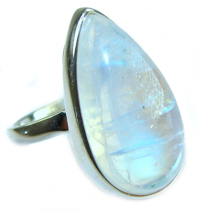 Rainbow Moonstone .925 Sterling Silver handmade ring s. 8 adjustable - Rainbow Moonstone sterling silver ring close-up, size 8.