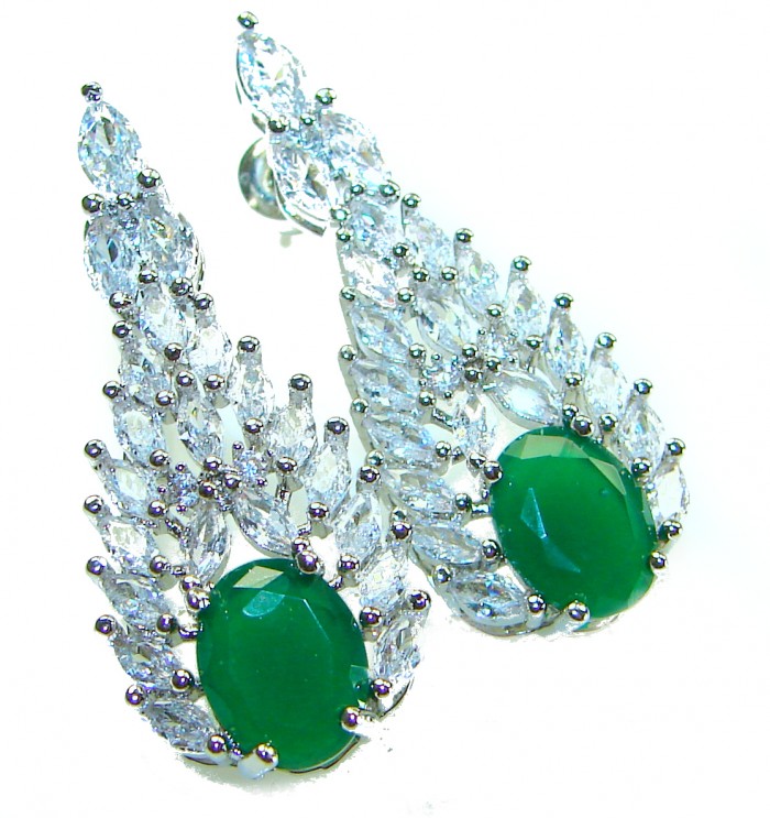 Sofia - Authentic 7.9 carat Emerlad .925 Sterling Silver handcrafted earrings - Close-up of emerald and crystal drop earrings on white background.