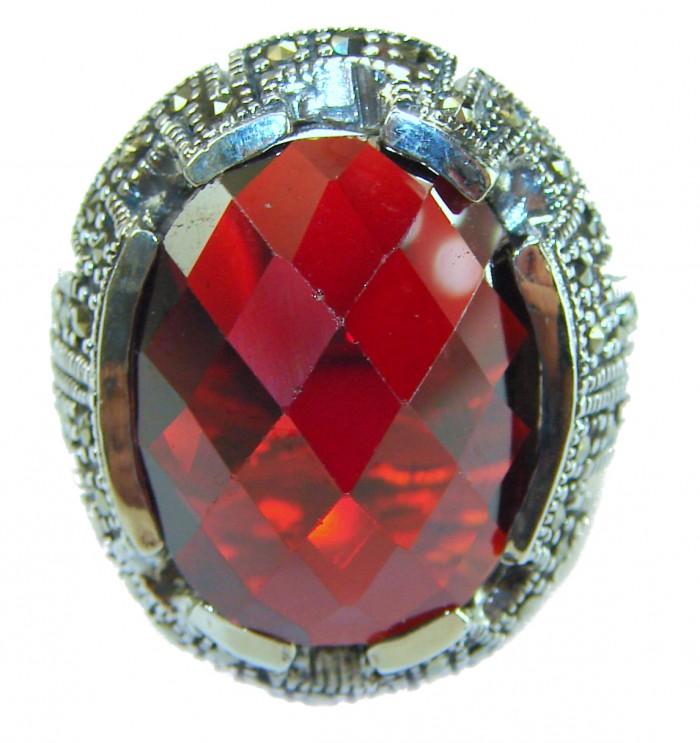 Red Cascade Authentic 25.4 carat Garnet .925 Sterling Silver brilliantly handcrafted large Statement Ring size 7 - Close-up of Red Cascade 25.4 carat garnet in .925 sterling silver setting.