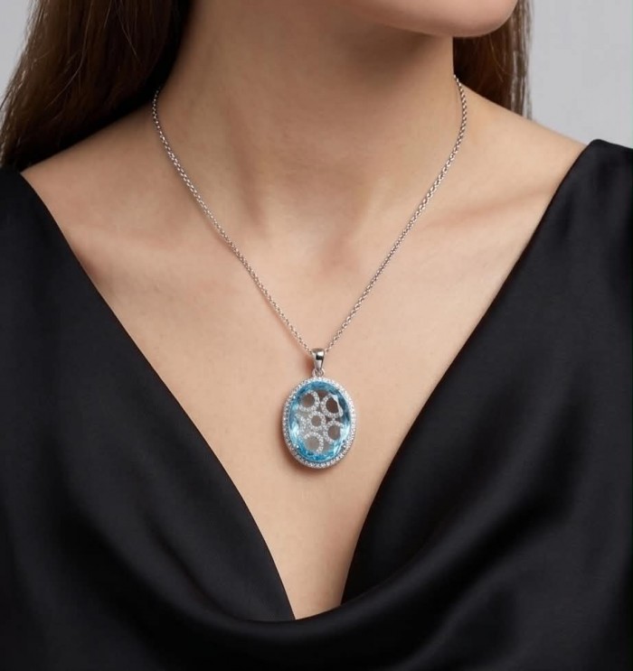 Angelina 14.9 carat authentic Aquamarine .925 Sterling Silver Handcrafted pendant - Pendant worn on neck, Angelina Aquamarine .925 Sterling Silver