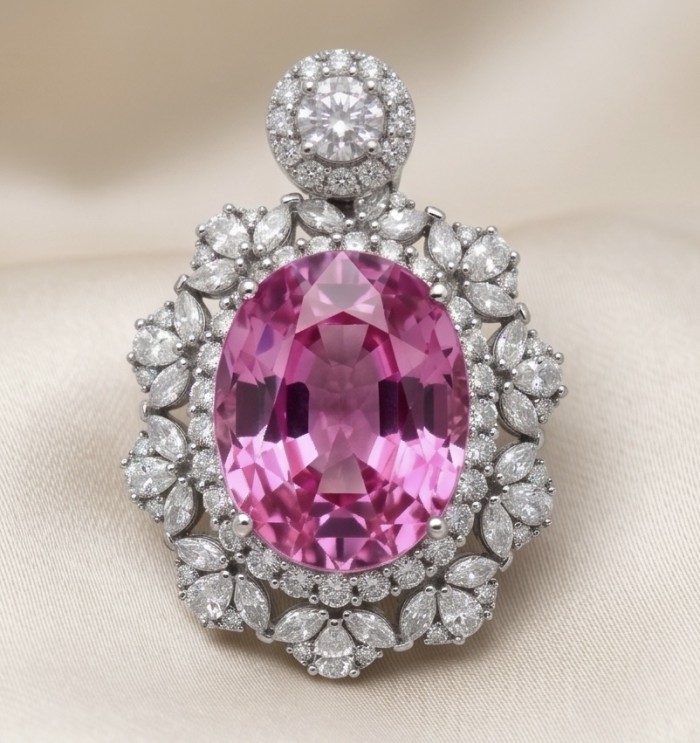 Incredible oval cut 18.8 carat Pink Sapphire .925 Sterling Silver handcrafted pendant - Close-up of 18.8 carat pink sapphire ring with diamonds