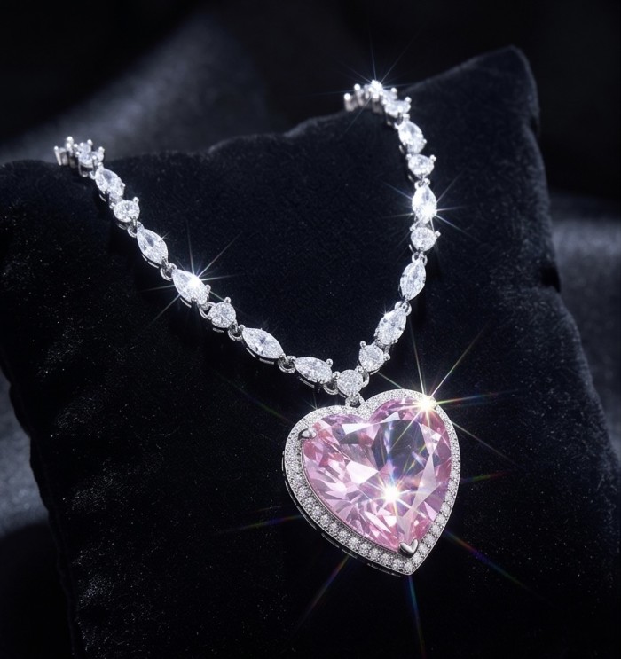 Titanic - Heart of The Ocean Necklace ~ 22.7 Ct Pink Sapphire Necklace In 925 Sterling Silver necklace - Titanic - Heart of The Ocean Necklace, front view on black fabric cushion