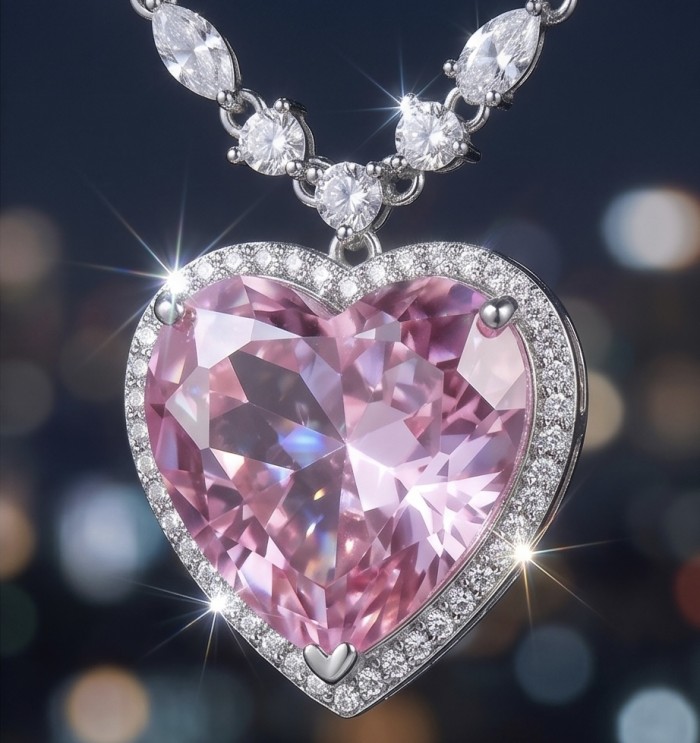 Titanic - Heart of The Ocean Necklace ~ 22.7 Ct Pink Sapphire Necklace In 925 Sterling Silver necklace - Close-up of pink sapphire heart necklace with diamond accents.