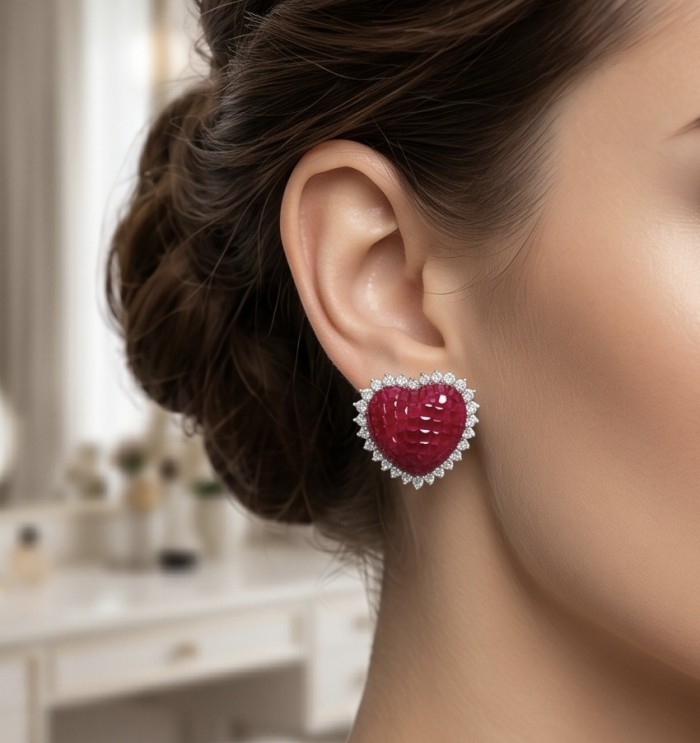 Precious Angel's Hearts mystery setting 11.8 carat Ruby .925 Sterling Silver earrings - Earring close-up: heart-shaped ruby surrounded by diamonds worn on ear.