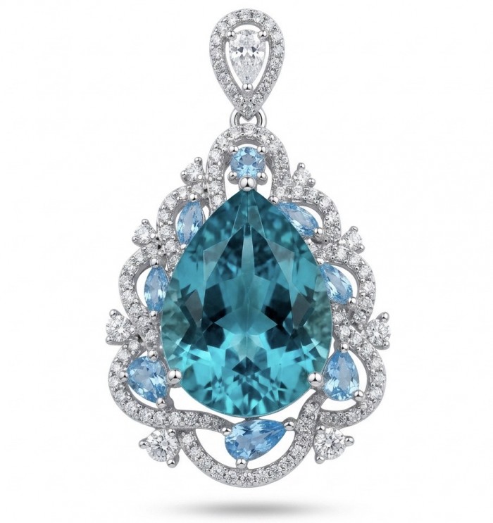 Atlantica - amazing quality pearl cut 14.5 CARAT genuine Swiss Blue Topaz rhodium over .925 Sterling Silver handmade pendant - Pear-shaped blue gemstone pendant with intricate diamond accents.