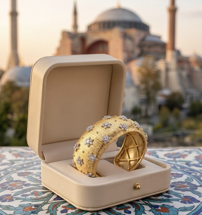 Byzantine design Authentic White Topaz 18K Gold over .925 Sterling Silver handcrafted Bracelet / Cuff - Byzantine gold bracelet with topaz stars in open box, cityscape backdrop
