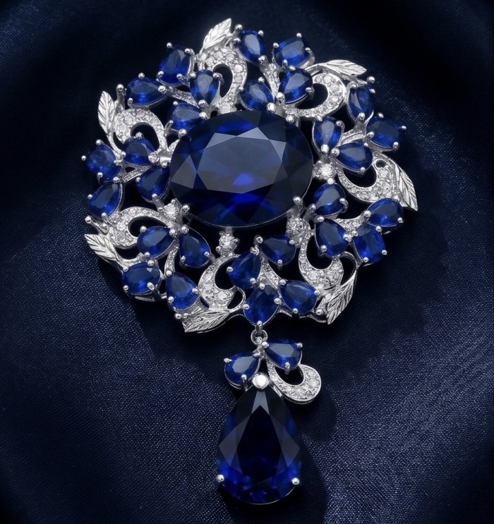 An exuberantly Large 135.8 carats Vintage style Sapphire .925 Sterling Silver DIPPED IN RHODIUM handmade LARGE Pendant - Brooch - Close-up of exuberant 135.8 carats vintage style sapphire brooch