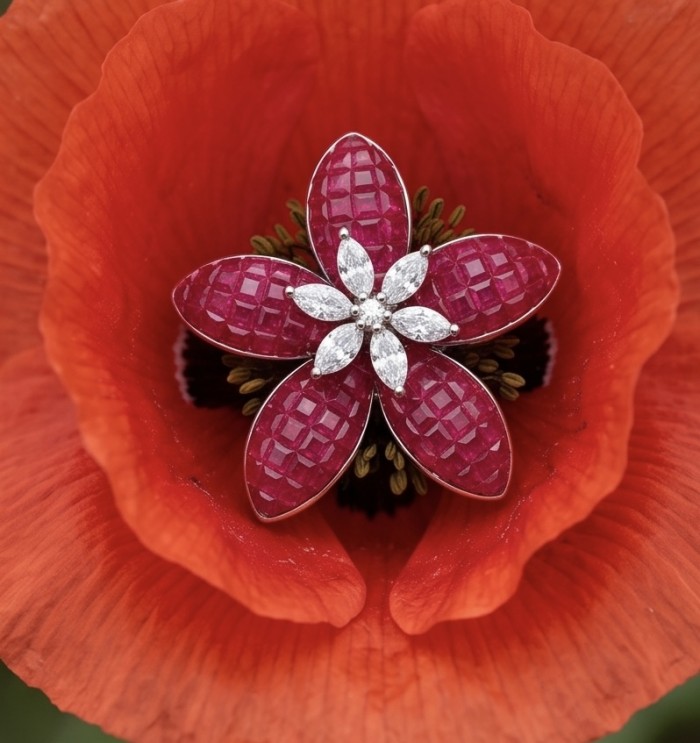 Born to Glam authentic 4.2 carat Ruby rhodium over .925 Silver handcrafted Ring s. 8 - Ruby and diamond flower brooch on a red poppy, top view close-up.
