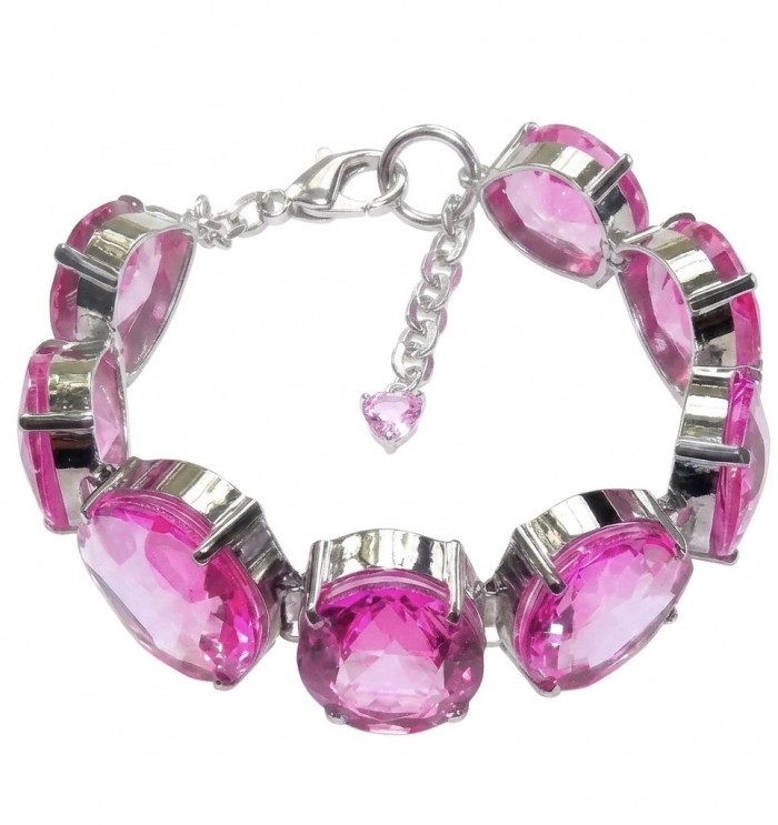 Luxurious 158.4 carat Fuchsia Pink Sapphire .925 Sterling Silver handcrafted Bracelet - Luxurious pink sapphire bracelet, top view showing stones and clasp detail.
