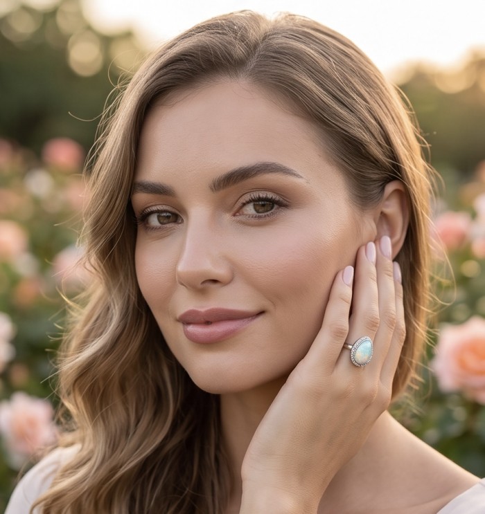 Endless Ocean Genuine 17.5 carat doublet Australian Opal .925 Sterling Silver handmade Ring size 6 - Opal ring worn on hand, close-up against floral background.
