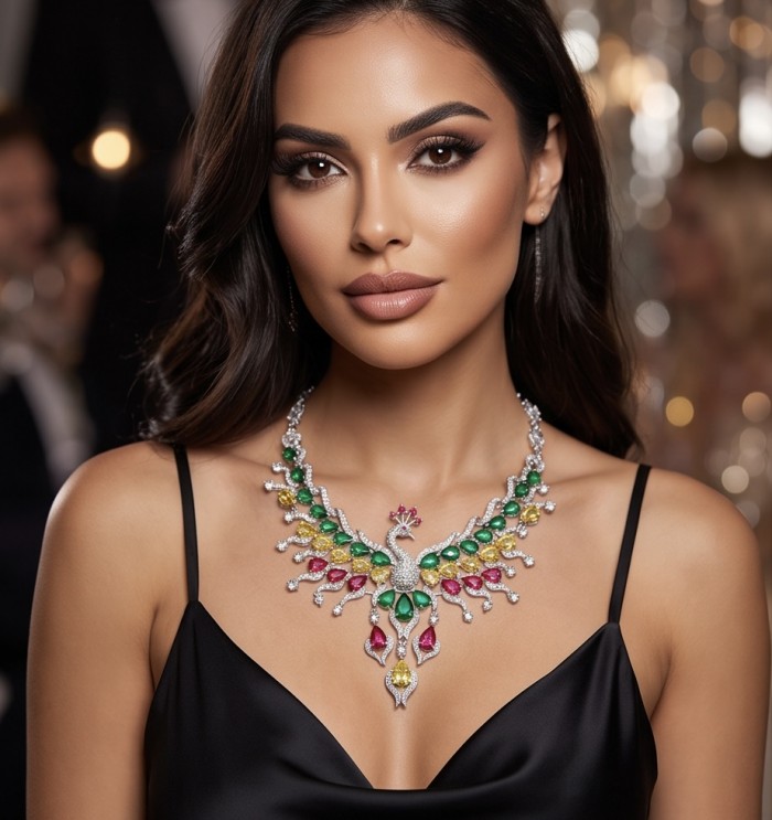 55.2 carat Graceful Swan Natural multicolot Topaz .925 Sterling Silver handcrafted Statement necklace - Woman wearing 55.2 carat Graceful Swan natural topaz necklace, front view.
