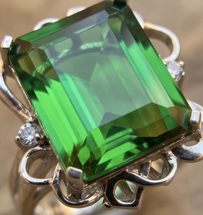 Precious baquette cut 20.9 CARAT Alexandrite .925 Sterling Silver Statement Ring s. 6 - Close-up of a baguette cut Alexandrite ring with sterling silver setting.