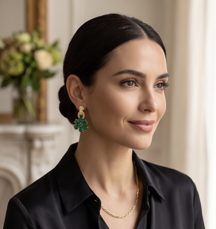 Emily - Authentic 7.5 CARAT Colombian Emerald 18K Gold over .925 Sterling Silver handcrafted earrings - Woman wearing emerald earrings, side view with gold necklace.