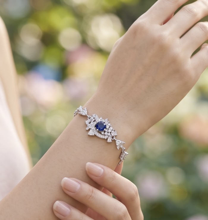 Vintage style - Giovanna - oval pear cut 6.8 carat Sapphire .925 Sterling Silver handcrafted Statement Bracelet - Worn on hand: Vintage style bracelet with 6.8 carat sapphire stone