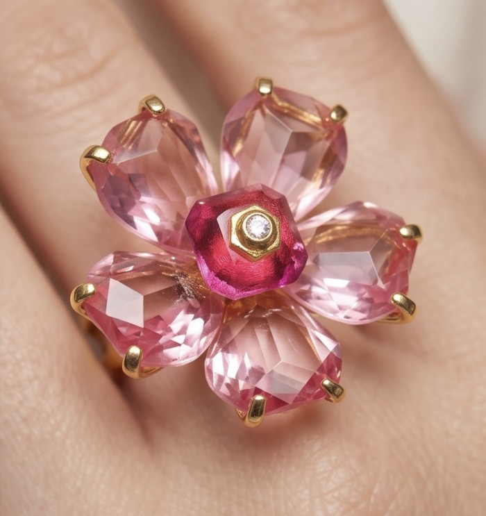 Cherry Blossom 27.5 carat Pink Amethyst 14K Gold over .925 Silver handcrafted Cocktail Ring s. 7 - Pink amethyst flower ring with gold detail, worn on hand close-up.