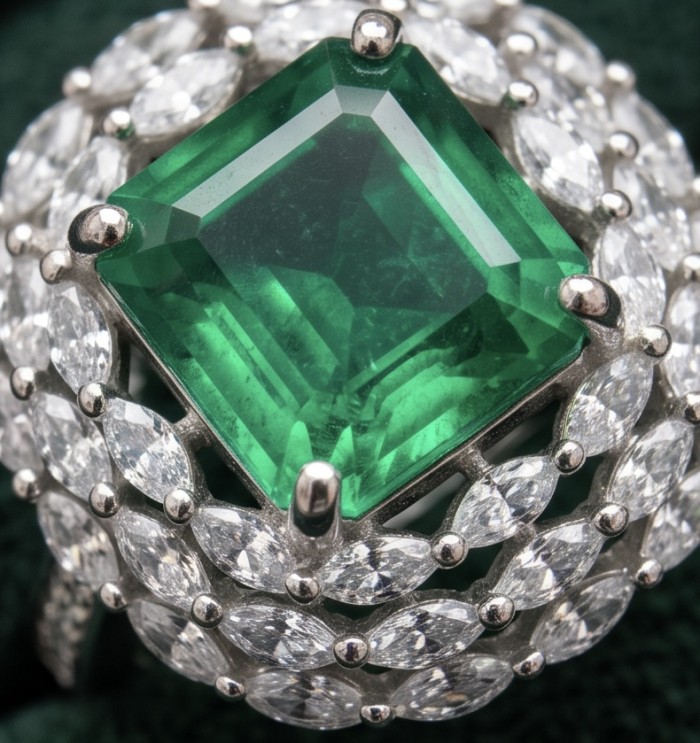 Elizabeth asscher cut 7.8 carat Colombian Emerald 8.2 carat Moissanite .925 Sterling Silver dipped in Rhodium handcrafted Ring size 8 - Close-up of Asscher cut Columbian emerald ring with diamond accents.