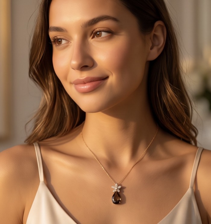 Scarlett Authentic 15.5 carat Smoky Topaz rhodium over .925 Sterling Silver handmade Statement Pendant - Woman wearing Scarlett 15.5 carat Smoky Topaz necklace, front view.