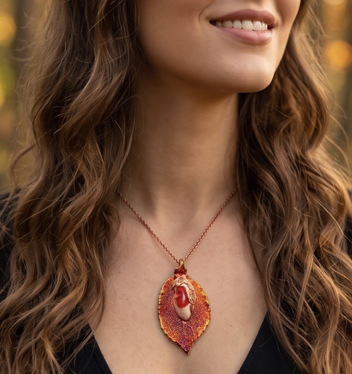 Stylish REAL Leaf dipped in copper Mexican Opal .925 Sterling Silver and Copper Pendant - Leaf pendant with opal, worn on neck, front view close-up.