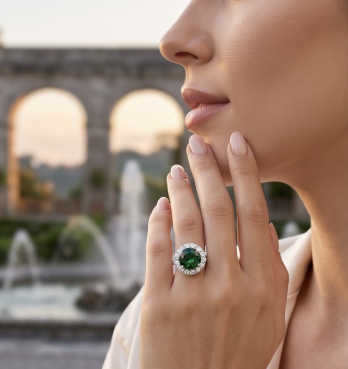 Elizabeth oval cut 9.8 carat Colombian Emerald 4.2 carat Moissanite .925 Sterling Silver dipped in Rhodium handcrafted Ring size 7 1/4 - Emerald ring worn on hand, highlighting the oval cut stone.