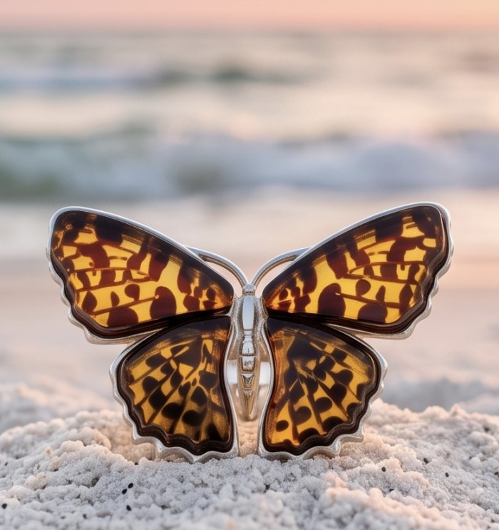 Butterfly Authentic Baltic Amber .925 Sterling Silver dipped in 18K Gold handcrafted ring; s. 7 adjustable - Butterfly Baltic Amber Sterling Silver front view on sandy surface