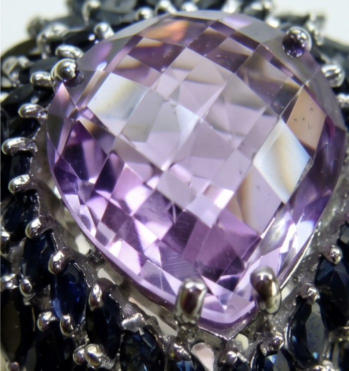 Giuseppina - Authentic 18.5 carat Amethyst Sapphire rhodium over .925 Sterling Silver handcrafted Statement Ring size 7 3/4 - Stone close-up of amethyst and sapphire rhodium jewelry piece.