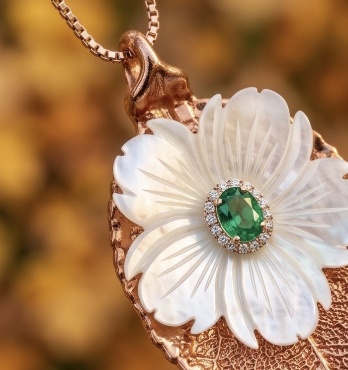 English Oak Leaf - Real Leaf dipped in copper and .925 Sterling Silver handmade handcrafted Necklace - Close-up of flower pendant with green gem on copper oak leaf necklace.