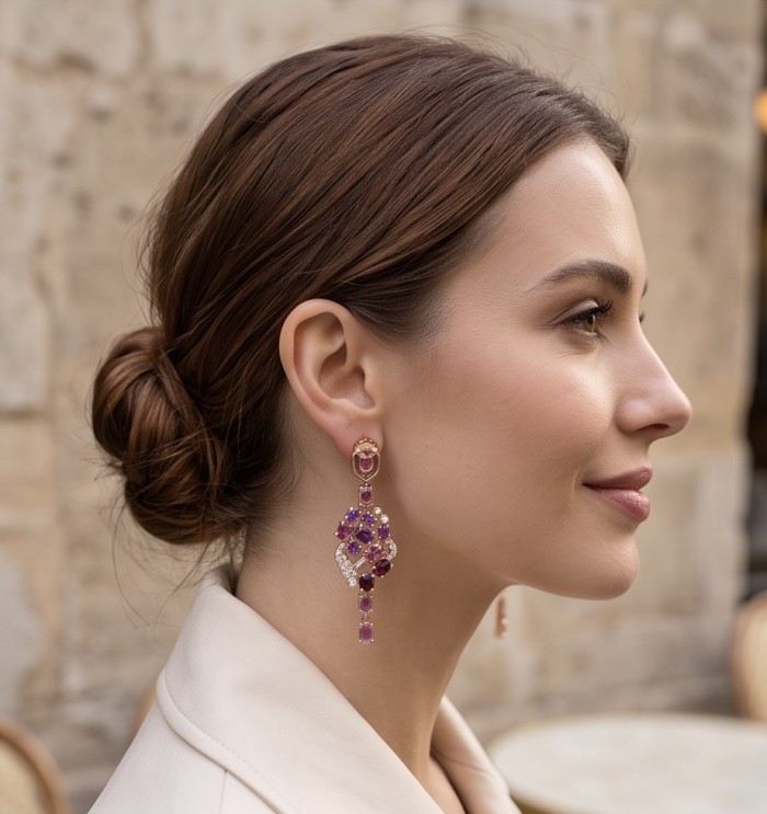 Isabella - natural 8.5 carat Mozambique Ruby 18K Rose Gold over .925 Sterling Silver handmade Statement earrings - Side view: Isabella earrings in 18K rose gold with Mozambique rubies.